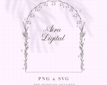 Arco floral de lirios del valle dibujado a mano PNG SVG / Marco floral minimalista ornamentado con borde botánico para bodas, Cricut, imágenes prediseñadas