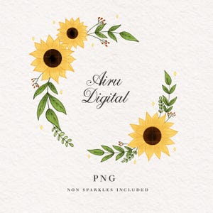 Op de afbeelding: Een aquarel illustratie van een bloemenkrans met gele zonnebloemen, groene bladeren en kleine rode bessen. De tekst "Airu Digital" staat in het midden, met daaronder "PNG" en "NON SPARKLES INCLUDED".