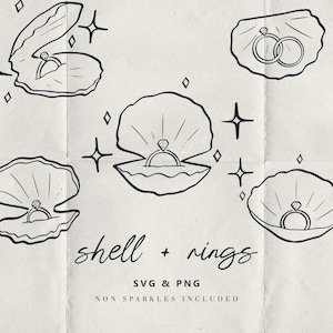 May include: Black and white line art of shells and rings. The image includes several open shells, each containing a ring with a diamond. The text "shell + rings" is also present, along with "SVG & PNG" and "NON SPARKLES INCLUDED."