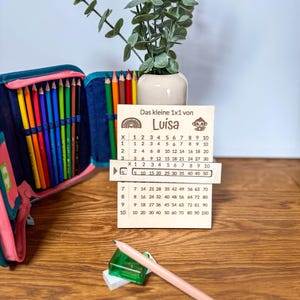 Könnte beinhalten: Ein hölzernes Einmaleins mit dem Namen "Luisa" und einem Regenbogen-Design. Es zeigt die Multiplikationstabellen von 1 bis 10. Ein Federmäppchen mit Buntstiften und ein Spitzer sind ebenfalls zu sehen.