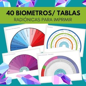 May include: A set of 40 printable radionic biometer charts. The charts are in a circular format and feature various colors and text in Spanish. The charts are designed for use in radionics, a system of energy healing.