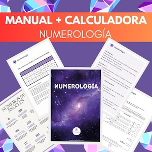 Puede incluir: Una guía de numerología con temática de galaxia púrpura y negra con el título "Numerología" y el texto "Números de Ángeles" con una lista de números de ángeles y sus significados. La guía incluye una tabla para calcular el número de numerología de tu nombre.