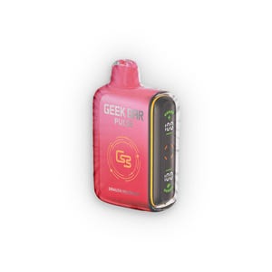May include: A pink Geek Bar Pulse vape device with a clear protective case. The device has a black screen displaying numbers and a logo. The text "GEEK BAR PULSE" and "DRAGON MELON" are visible on the device.