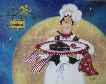 Chocolate Chef Art Print fat chefs pastry chefs valentines art, chef paintings, kitchen chef wall decor, full moon art,  Vickie Wade Art