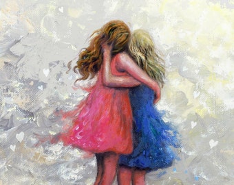 Two Sisters Art Print, twee meisjes, roodharige en blond, rood haar zus, twee zussen knuffelen, beste vrienden, twee dochters, Vickie Wade Art