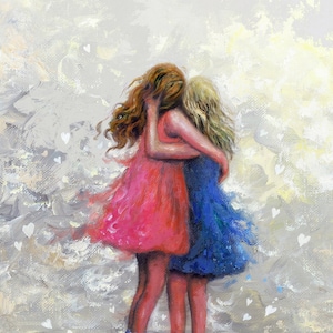 Two Sisters Art Print, two girls, redhead and blonde, red hair sister, two sisters hugging, best friends, two daughters, Vickie Wade Art