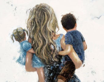 Mother Son and Daughter Art Print, blonde mother two children, brother sister, boy girl, mom, mum, mother carrying kids, Vickie Wade Art