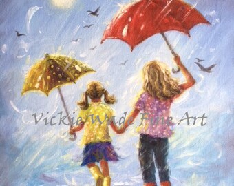 Sisters Art Print, two sisters wall art, girls room wall art two blonde sisters, sister gift, blonde rain girls umbrellas, Vickie Wade Art