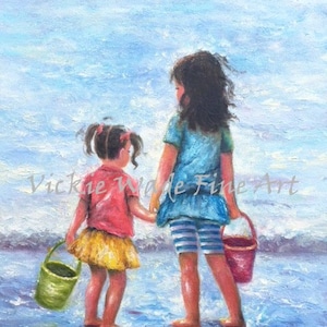 Two Sisters Beach Art Print beach girls, two beach girls, brunette sisters, big sister little sister, two daughters beach,Vickie Wade art image 1