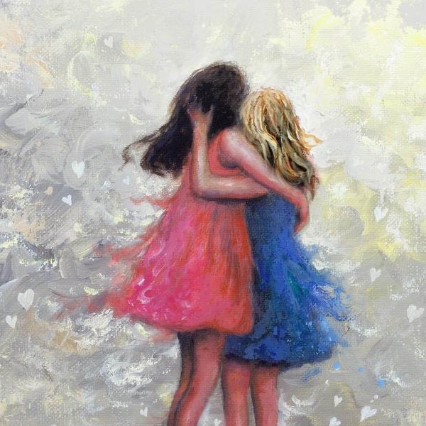 Two Sisters Art Print two girls, brunette and blonde, wall art, loving sisters, two sisters hugging, best friends, Vickie Wade Art