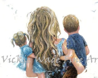 Mother Son and Daughter Art Print, blonde mother two children, brother sister, boy girl, mom, mum, mother carrying kids, Vickie Wade Art