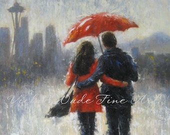 Seattle Lovers in the Rain Art Print, Seattle paintings, rain couple, romance, red umbrella, art space needle, home decor, Vickie Wade art