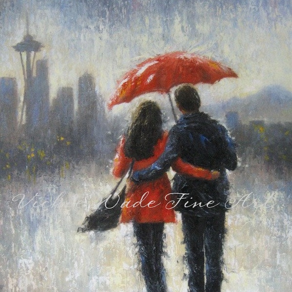 Seattle Lovers in the Rain Art Print, Seattle paintings, rain couple, romance, red umbrella, art space needle, home decor, Vickie Wade art