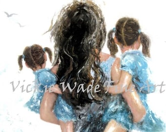 Mother Two Daughters Art Print, mother carrying girls paintings, two little sisters, girls room, Black and White Wall Art, Vickie Wade