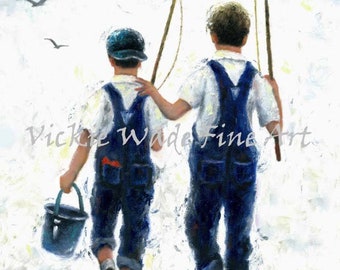 Fishing Art Print, two boys going fishing, two brothers fishing, fishing painting, fishing with brother, two sons, Vickie Wade Art