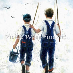 Brothers Fishing Art Print: Two Boys, Vickie Wade Painting