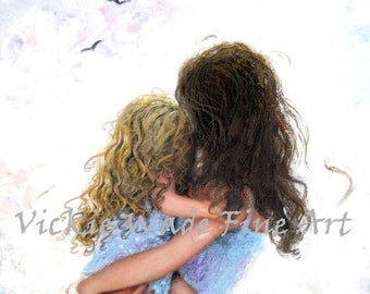 Mother and Daughter Hugs Art Print, curly blonde daughter, brunette mom, mother carrying daughter, face to face, Vickie Wade Art