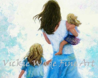 Mother Two Daughters Beach Art Print, two blonde sisters, two girls girls, mom brunette hair, walking on beach art, aqua, Vickie Wade Art