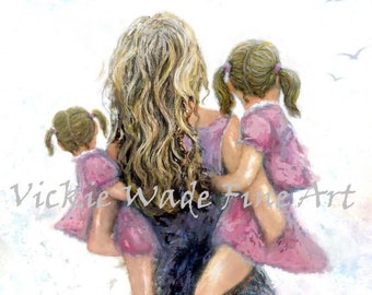 Mother Two Daughters Art Print, blonde mother carrying daughters, pink, two sisters, two girls, black hair mom, Vickie Wade Art