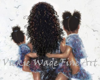 African American Mother Art Print, mother two daughters, Black Mother, wall art two black girls, two black sisters, Vickie Wade