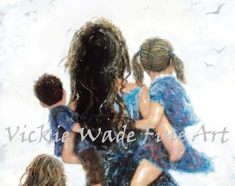 Mother Two Daughters and Son Art Print, mom carrying three kids, mom two girls and boy, three children, two sisters little bro, Vickie Wade