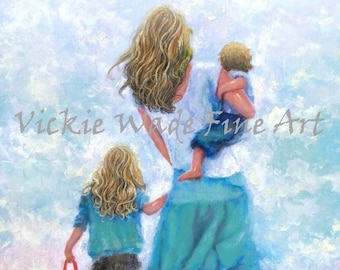 Mother Art Print, beach mother wall art, mother painting, mom beach art, beach mom blue, big sister little brother, Vickie Wade Art