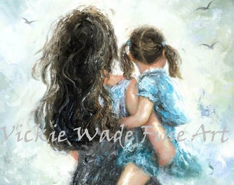 Mother and Daughter Art Print, mom carrying daughter, little brunette girl, redhead girl, Vickie Wade