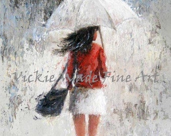 Rain Girl Art Print, pretty woman, sexy lady, walking in rain, red black gray wall art, umbrellas, red sweater day, Vickie Wade Art