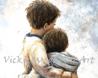 Two Brothers Hugging Art Print, two sons, two little boys hugging, two sons, two sandy haired boys hugging, loving brothers, Vickie Wade Art