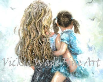 Mother and Daughter Art Print, blonde mother brunette daughter, redhead mother and daughter, mother carrying daughter, Vickie Wade Art