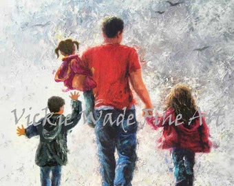 Father Two Daughters and Son Art Print walking with dad three children, three kids, two girls and boy, father gift, Vickie Wade