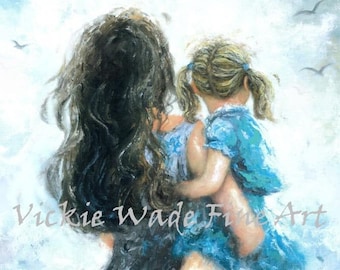 Mother and Daughter Art Print, mother paintings, mom, little blonde girl, mother's day gift, girls room, blue gray wall decor, Vickie Wade