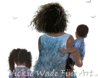 African American Mother Daughter and Son Art Print, black mom carrying son, sister and little brother, black girl and boy, Vickie Wade Art