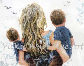 Mother Two Sons Art Print, two boys, two brothers, mother carrying two sons, blue boys room wall art, brunette mom and sons, Vickie Wade Art