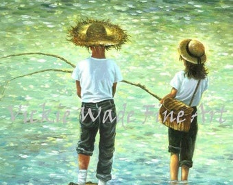 Fishing Art Print, boy and girl fishing wall art brother sister fishing, childrens wall art country kids, blue, green, Vickie Wade Art