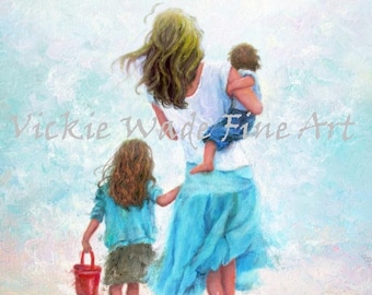 Mother Daughter and Son Beach Print, blond mom, auburn redhead boy and girl, walking on beach together, mom carrying son, Vickie Wade Art