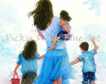 Beach Mother Son Two Daughters Art Print, two sisters and brother, two girls and boy, beach art, mother three children beach, Vickie Wade