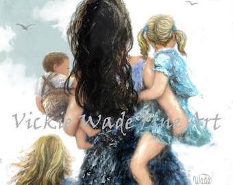Mother Two Daughters Baby Son Art Print, baby boy, two sisters, two girls, three children, three kids, mom, mum, carrying, Vickie Wade Art