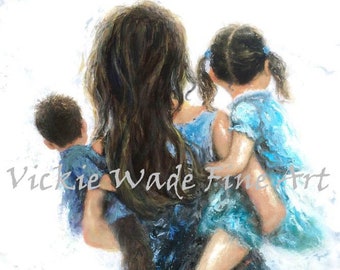 Mother Son and Daughter Art Print,girl and boy, sister and little brother, mother carrying kids, mother's day gift, Vickie Wade