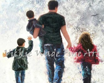 Father Three Children Walking Art Print, daughter and two sons, sister two brothers, three kids, dad carrying son, Vickie Wade Art.