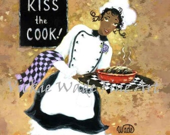 African American Lady Chef Art Print, girl chef, fat chef paintings, black woman waitress, black lady cook, kitchen art, Vickie Wade art
