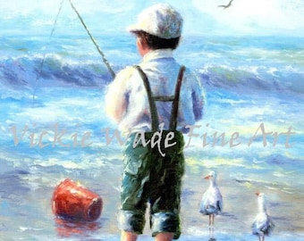 Beach Boy Art Print, beach boy, fishing boy art prints, blue, ocean, beach, little boy fishing, seagulls, wall art, Vickie Wade Art