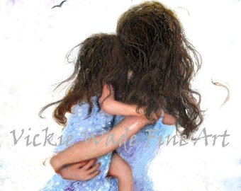 Mother Daughter Art Print, loving mother hugs, hugging daughter, brunette mother, mom, mother's day, motherhood,Vickie Wade Art