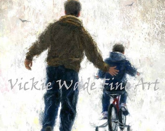 Father and Son First Bike Ride Art Print, dad and son paintings, boys room wall art, gift for Dad, father's day gift, boy bike,  Vickie Wade