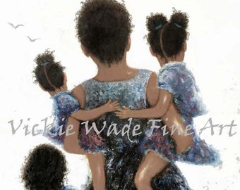 African American Mother Three Daughters Art Print, black Mom short hair, mom carrying, three black girls, three black sisters, Vickie Wade