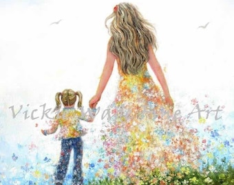 Mother and Daughter Art Print, mom little girl gift, mom and daughter walking in flowers, hand in hand, holding hands, Vickie Wade art