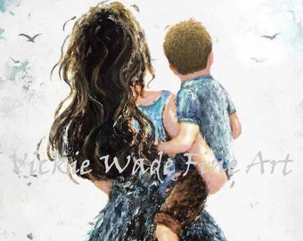 Mother and Son Art Print, mother carrying son, mom, mum, momma holding sandy blond hair son in her arms, Mother's gift, Vickie Wade Art