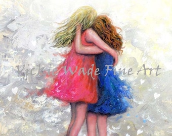 Two Sisters Art Print, two girls hugging, blonde and redhead, red hair little sister, two daughters hugging, Vickie Wade Art