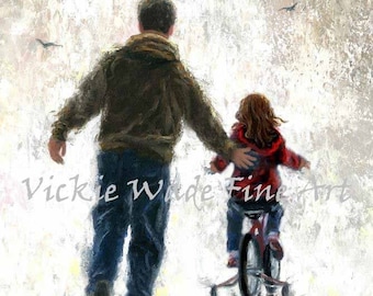 May include: A painting of a father walking with his child who is riding a red bicycle with training wheels. The father is wearing a brown jacket and blue jeans. The child is wearing a red jacket and has long brown hair. The background is a light gray with a few birds flying in the sky.
