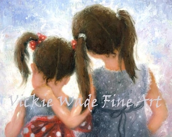 Two Sisters Art Print, two girls, loving sisters, two daughters, big sister hugging little sister, pigtails, blue gray, Vickie Wade art